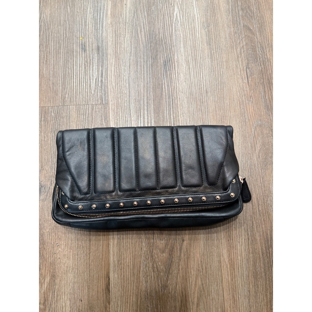 Monika Chiang Black Leather Quilted Foldover Clutch Rose Gold‎ Studded Bag